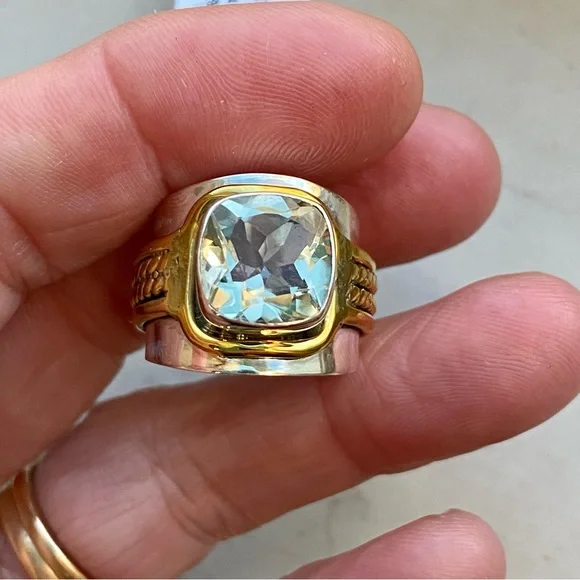 Green amethyst sterling silver and brass ring - Picture 3 of 14